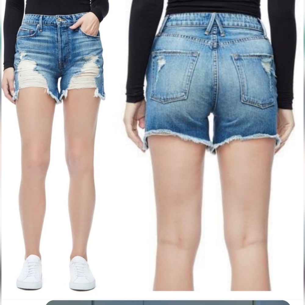 Good American Cotton The Bombshell Button Fly High-Rise Distressed Denim Short